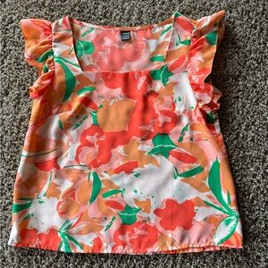 Floral Ruffle Sleeve Top - Orange and Green